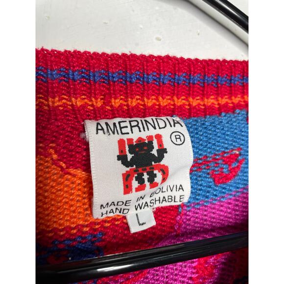 Vintage Amerindia Handmade in Bolivia Knit Sweater Red Pink Blue Orange Size L - Picture 2 of 7